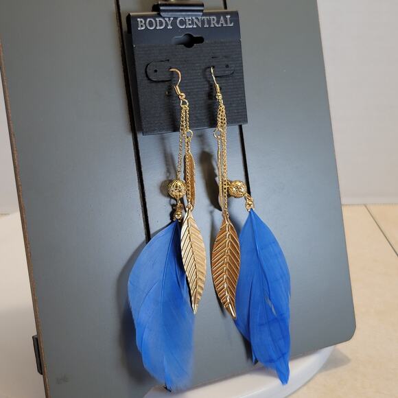 Blue Feather Leaf Dangle Earrings Gold Chain 5.75" Long Body Central 5.75" Boho - Picture 4 of 6